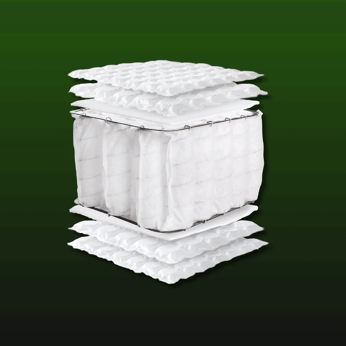 Cutaway view of English Royal Mattress showcasing natural, organic pocket springs and traditional craftsmanship on a green background.