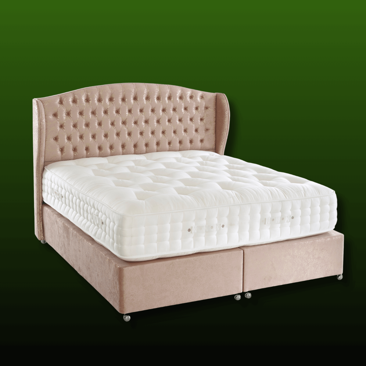 Luxurious English Royal Mattress with natural fillers on elegant bed frame, traditional handmade design.
