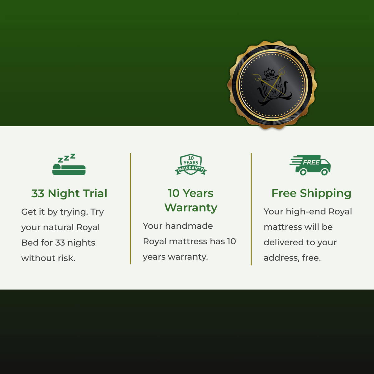 "English Royal Mattress features: 33-night trial, 10-year warranty, free shipping"