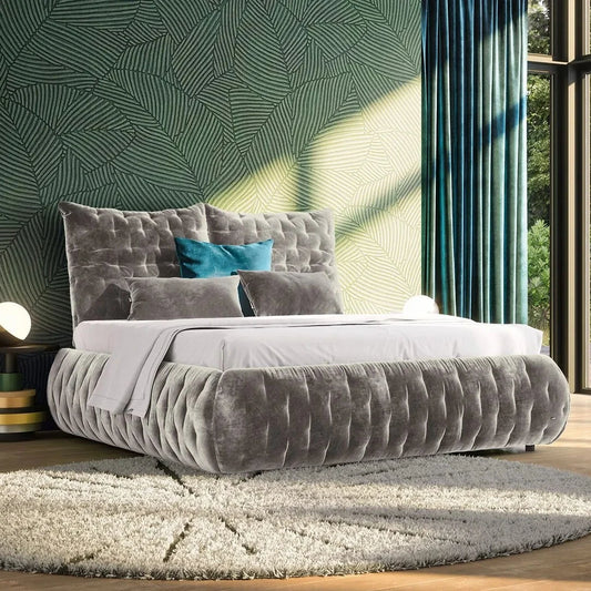 Luxury Feya Bed with a soft velour cover and hand-quilted pattern in modern bedroom ambiance.