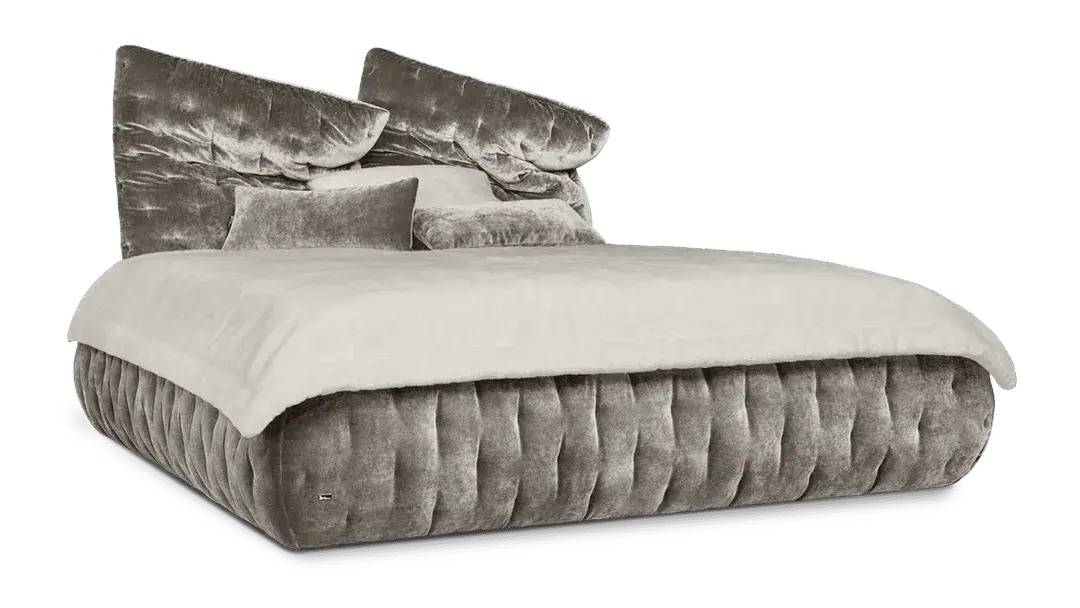 Luxury Feya Bed by BRETZ with soft velour cover and adjustable back pillows for ultimate relaxation and comfort.