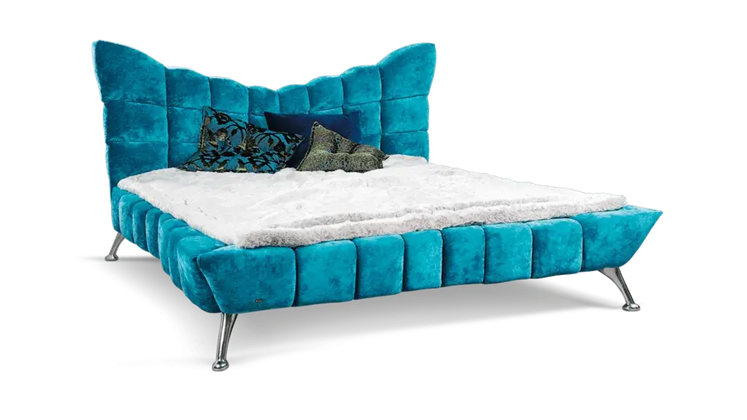 Cloud 7 Bed BRETZ in turquoise with extravagant lines, handcrafted cassettes, and plush white mattress, offering luxury and style.