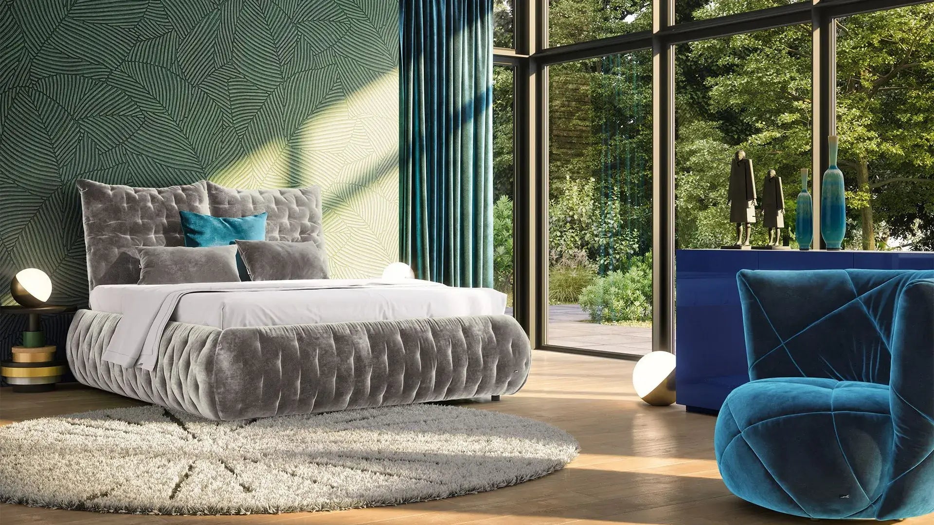 Luxurious Feya Bed with soft velour cover and adjustable back pillows in a modern, elegant bedroom setting