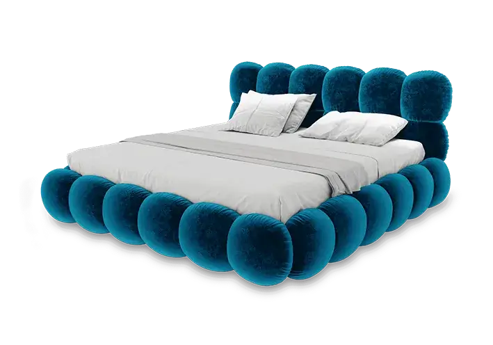 Balaao Bed BRETZ - Luxury bed with round upholstered elements and mattress for custom production and multidimensional comfort.