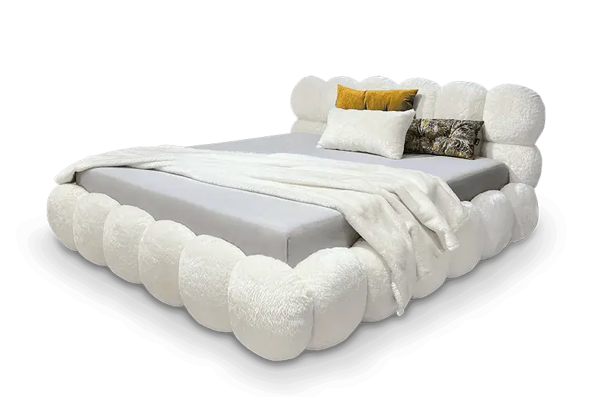 Balaao luxury bed and mattress with round upholstered elements in white, fully equipped with pillows and blanket, perfect for customisable comfort.