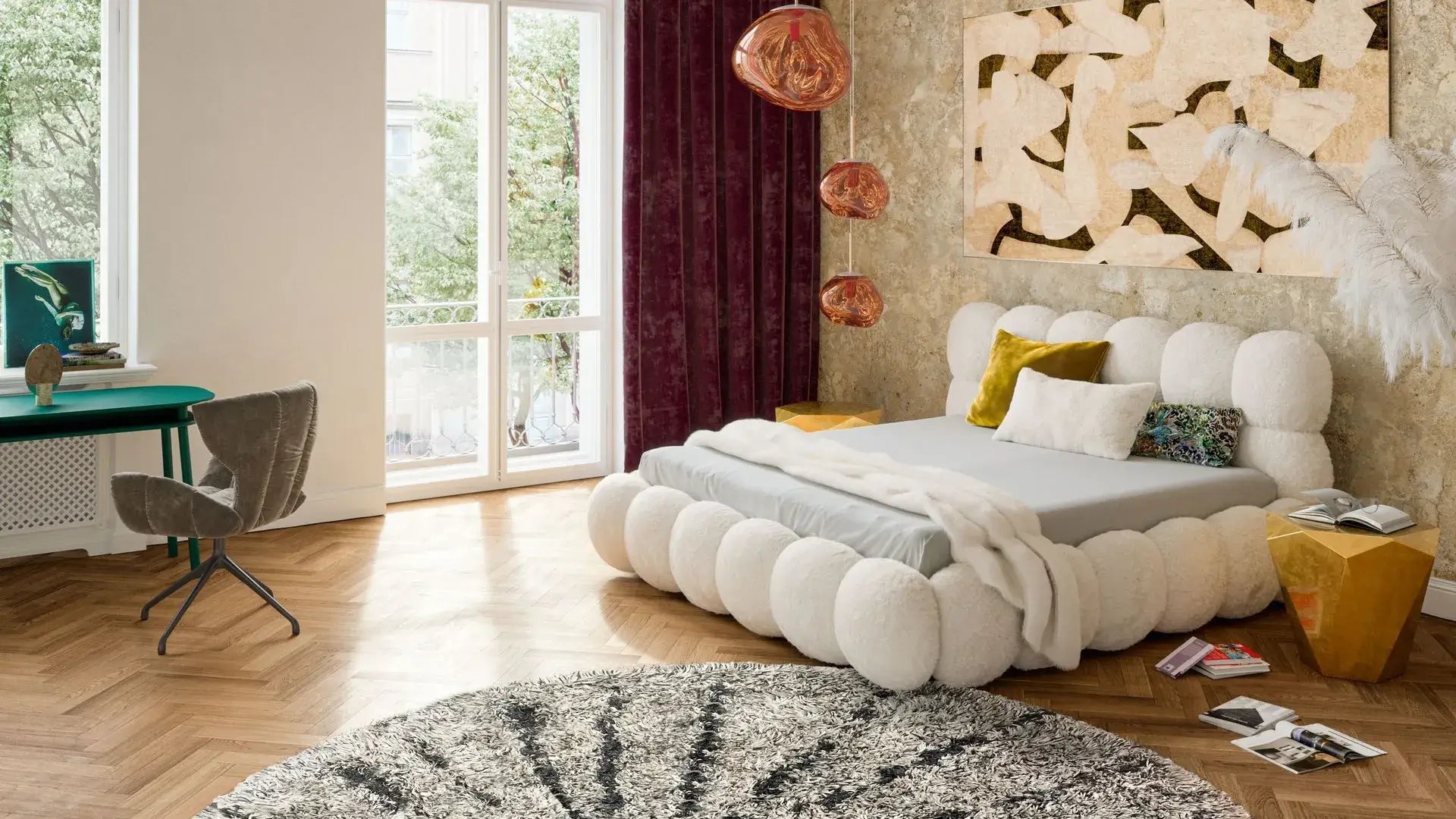 Balaao luxury bed with round upholstered elements in a stylish bedroom setting.