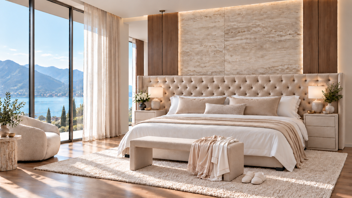 Champagne upholstered boxspring bed with a wide tufted headboard, matching nightstands and footbench in a modern luxury bedroom