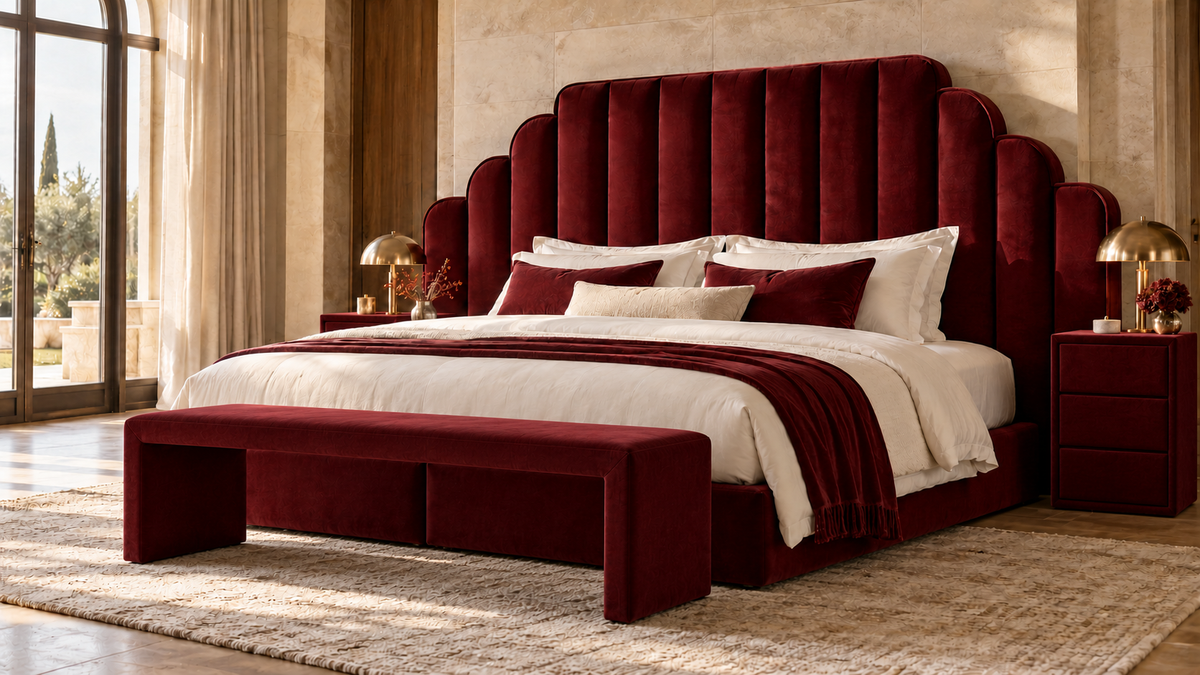 Burgundy Swiss Bedding bed with matching three-drawer upholstered nightstands and an open upholstered footbench
