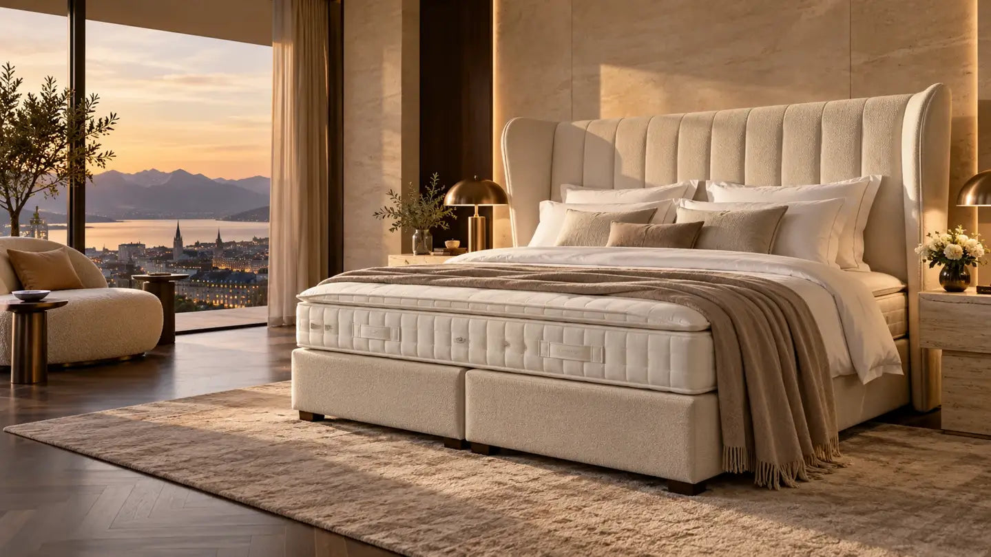 A complete champagne Swiss Bedding boxspring bed with an upholstered headboard, coordinated bases and white comfort layers
